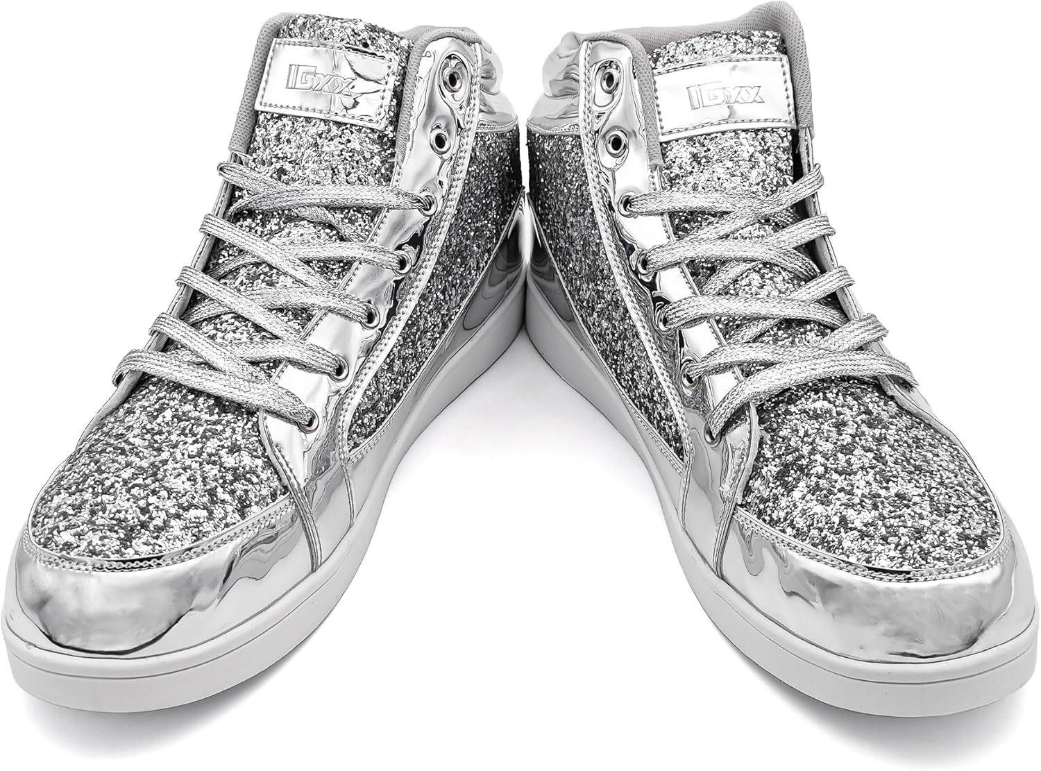 Silberne Glitzer-Sneaker, hohe Schuhe, modisch, glänzend, Damen, Freizeit, Schnürsenkel.