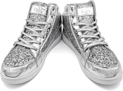 Silberne Glitzer-Sneaker, hohe Schuhe, modisch, glänzend, Damen, Freizeit, Schnürsenkel.