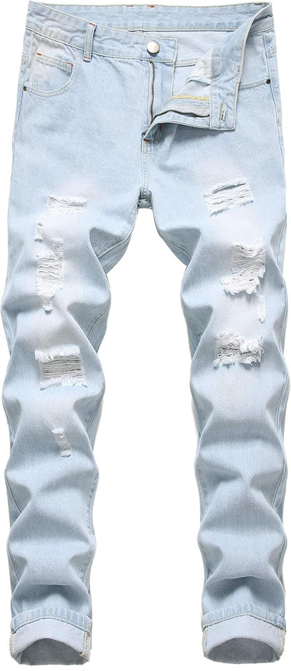 Hellblaue zerrissene Jeans für Herren, modisch, lässig, Denim, Slim Fit, Vintage-Look.