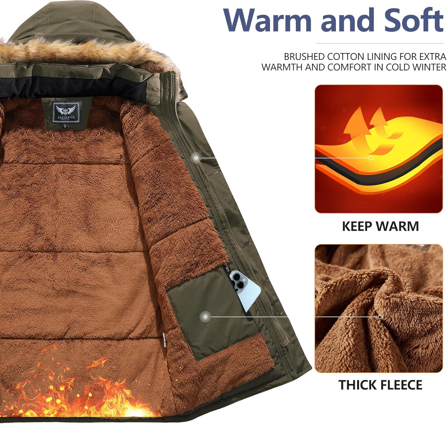 Warme Winterjacke mit braunem Fleecefutter, Kapuze und Handytasche, olivgrün.