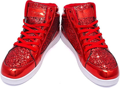 Rote glitzernde High-Top-Sneaker, modisch, glänzend, für Damen und Herren, Freizeitmode.