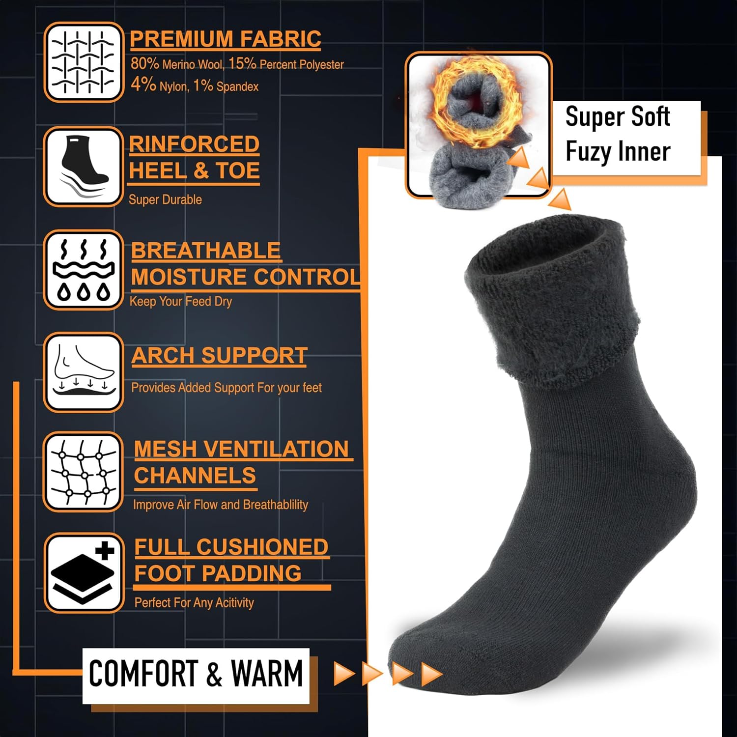 Superweiche, flauschige Socken, Premiumstoff, verstärkte Ferse, atmungsaktiv, gepolstert.