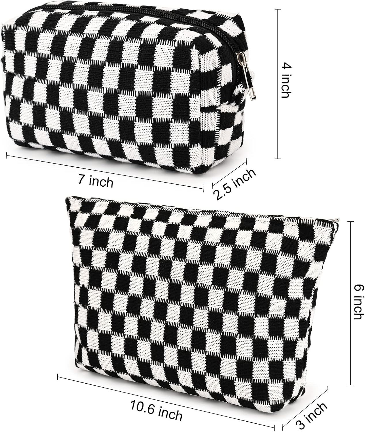 Schwarz-weiß karierte Kosmetiktasche, Reißverschluss, 7x2,5x4 Zoll, Baumwolle, Reise-Organizer.