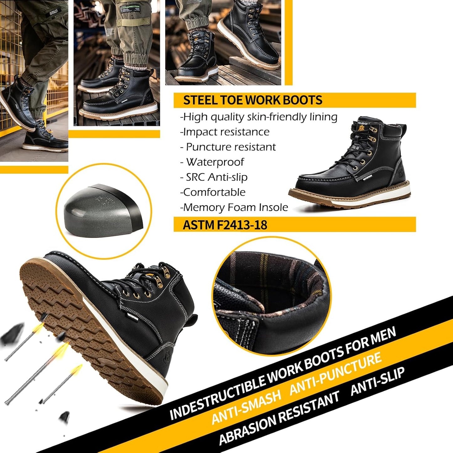 Schwarze Stahlkappen-Arbeitsstiefel, rutschfest, wasserdicht, durchtrittsicher, Herren.