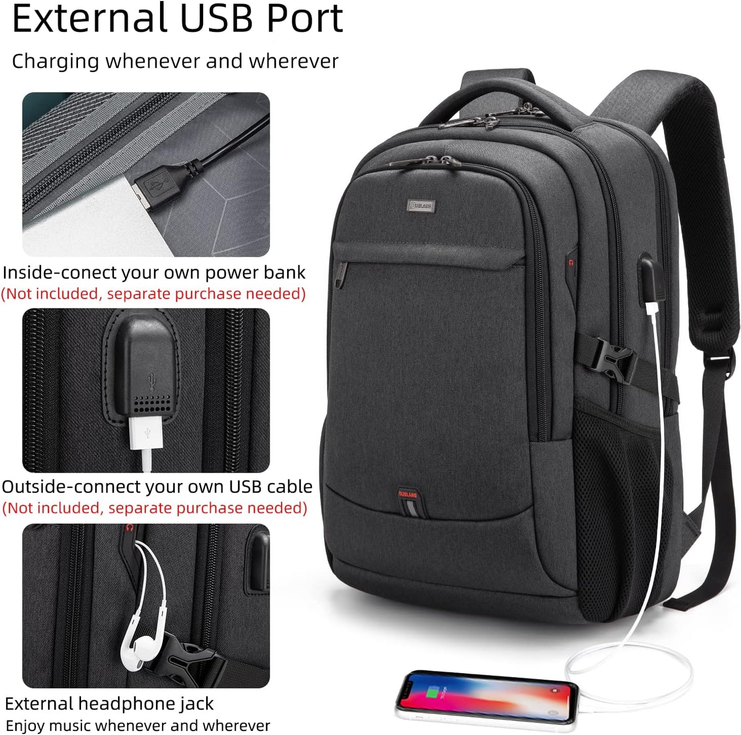 Vattentät reseryggsäck för laptop med USB-port och organiserad förvaring