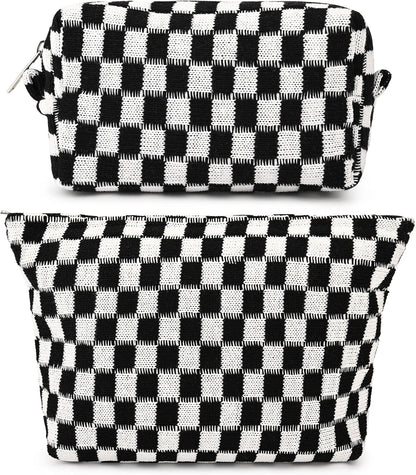 Schwarz-weiß karierte Kosmetiktasche, Reißverschluss, Baumwolle, stilvoll, praktisch, Reiseaccessoire.