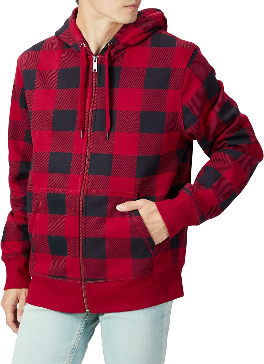 Roter karierten Kapuzenpullover mit Reißverschluss, Herrenmode, Baumwolle, Freizeitkleidung.