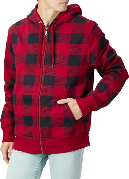 Roter karierten Kapuzenpullover mit Reißverschluss, Herrenmode, Baumwolle, Freizeitkleidung.