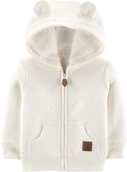 Weiße Baby-Kapuzenjacke mit Bärenohren, Reißverschluss, weichem Futter, Baumwolle.