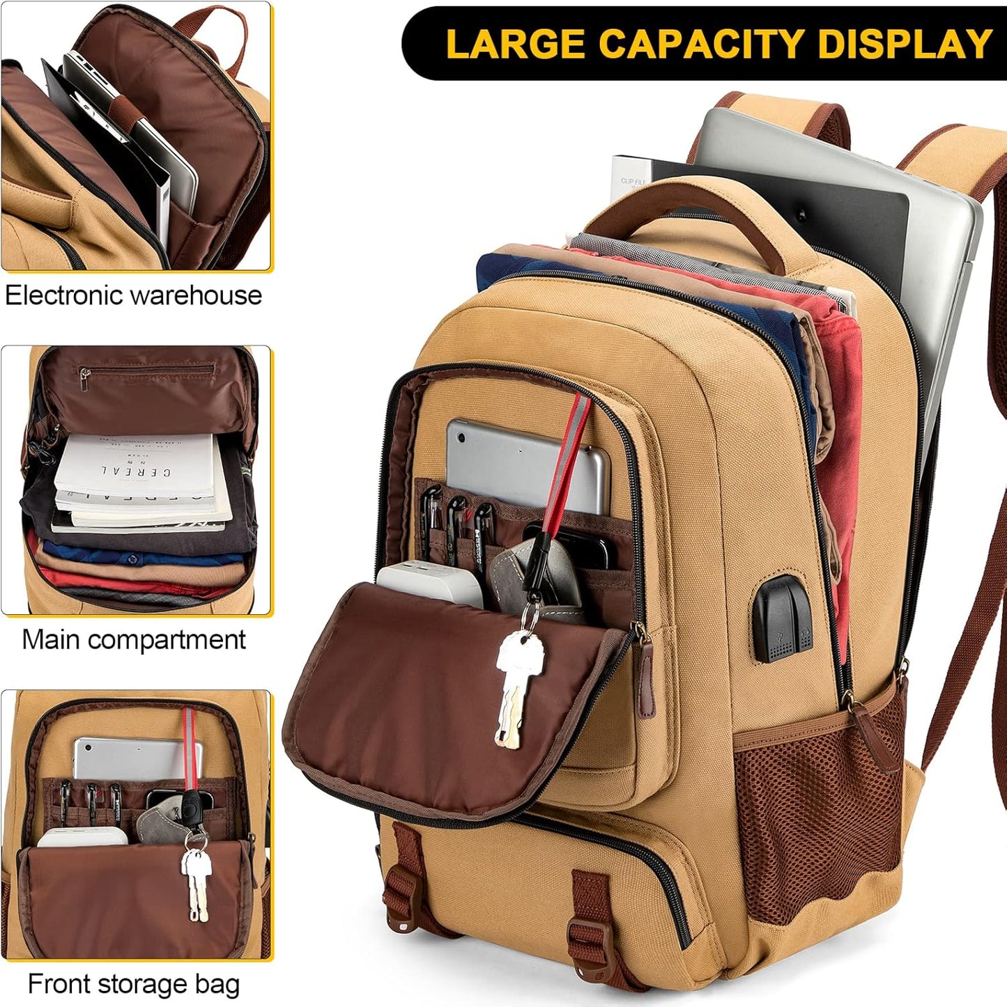Stöldsäker canvas laptop- och resryggsäck med USB-anslutning – Passar för laptops upp till 43,94 cm