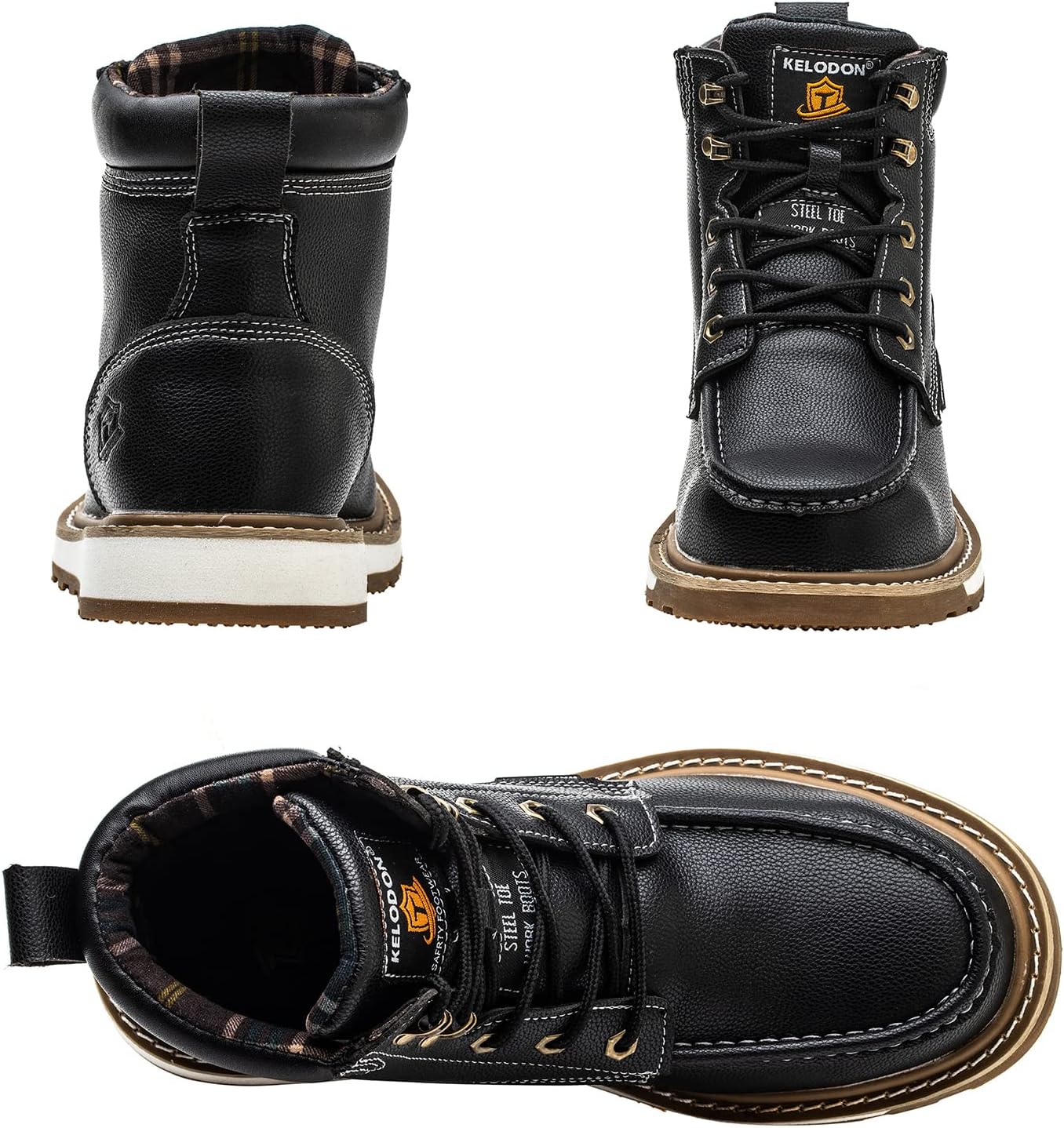 Schwarze Leder-Arbeitsstiefel mit Stahlkappe, rutschfeste Sohle, Herren, robust, langlebig.
