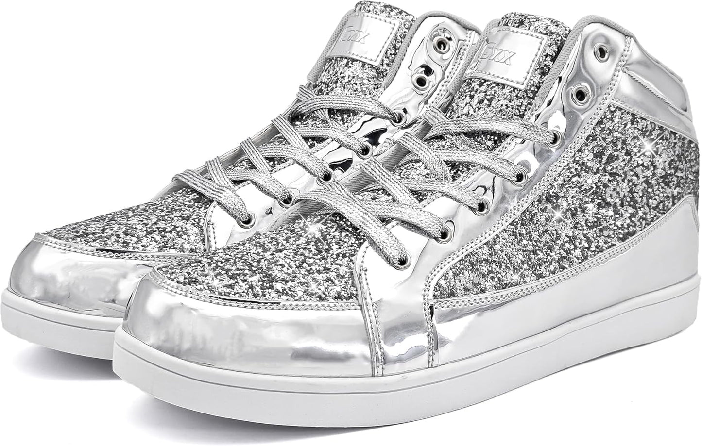 Silberne Glitzer-Sneaker, hohe Schuhe, modisch, glänzend, Schnürsenkel, Unisex.