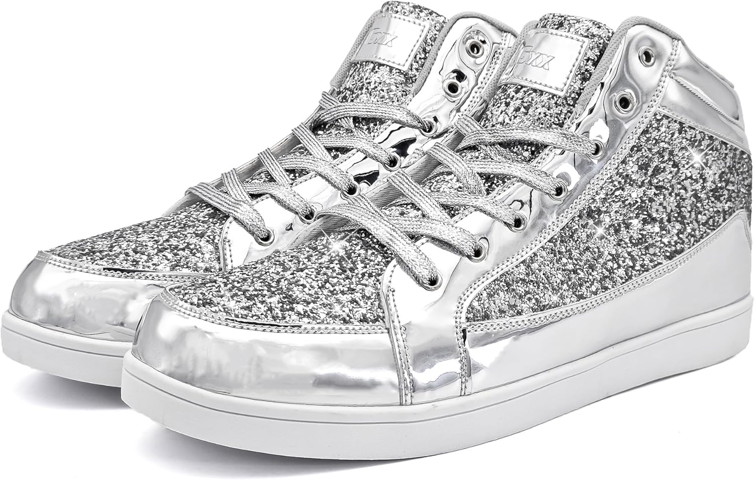 Silberne Glitzer-Sneaker, hohe Schuhe, modisch, glänzend, Schnürsenkel, Unisex.