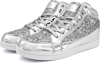 Silberne Glitzer-Sneaker, hohe Schuhe, modisch, glänzend, Schnürsenkel, Unisex.