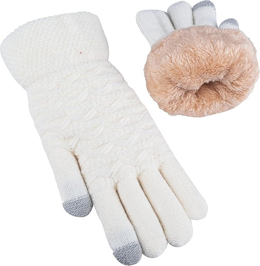 Weiße Strickhandschuhe mit grauen Fingerspitzen und beigem Plüschfutter, wintertauglich.