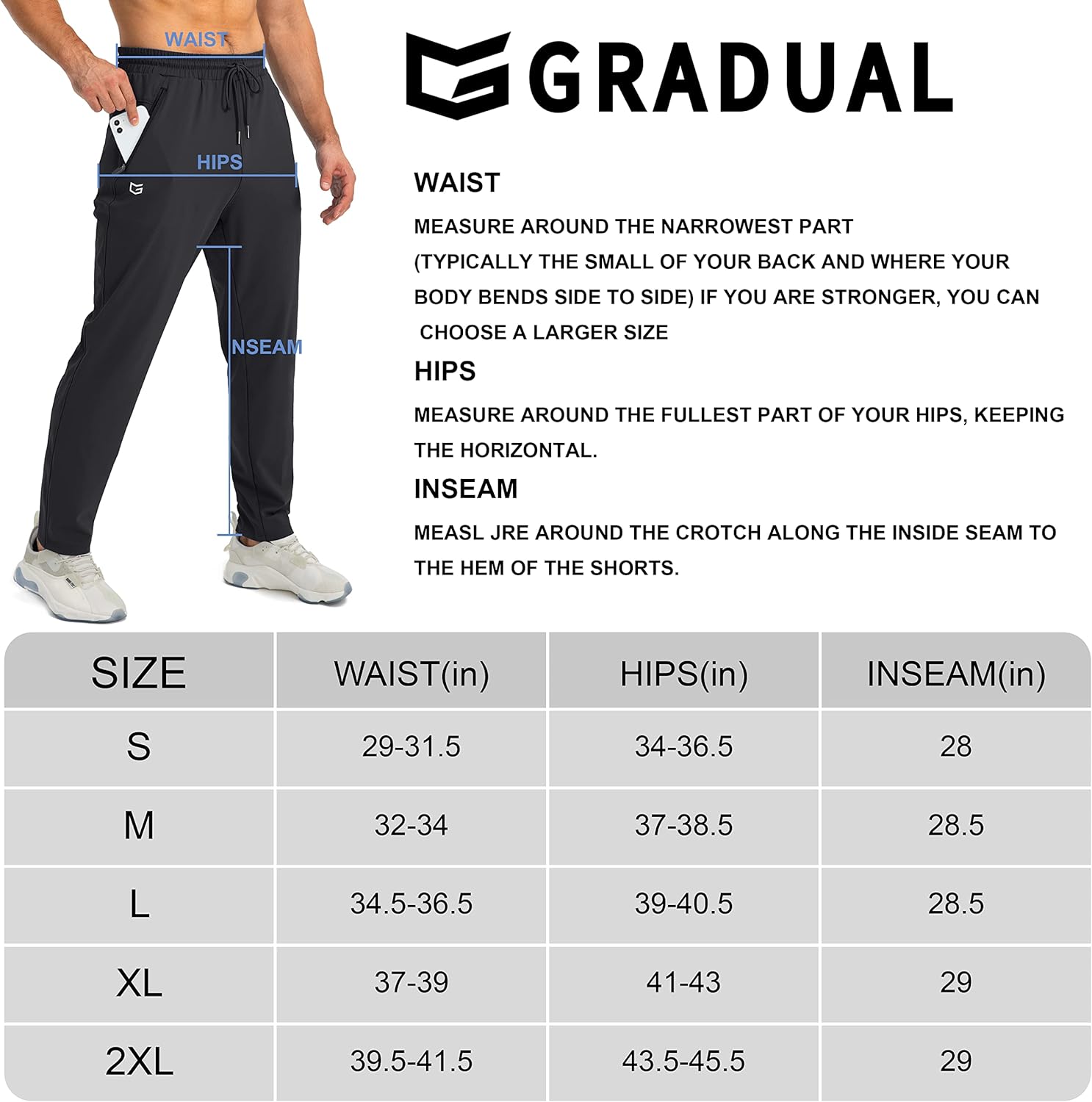 Größentabelle für Herren-Trainingshose, schwarz, elastisch, atmungsaktiv, mit Taschen.