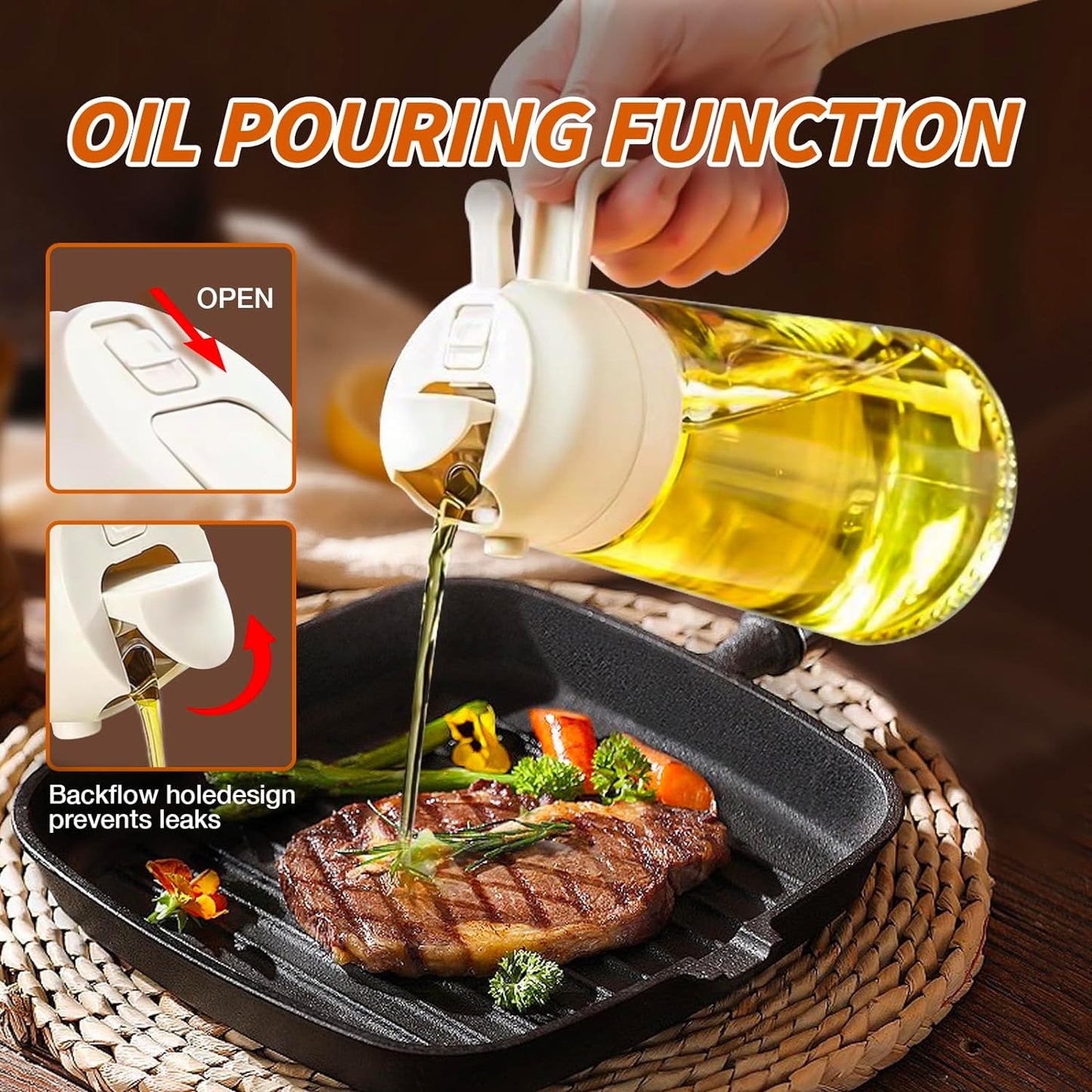 Ölspender aus Glas mit Ausgießer, tropffrei, ideal für Küche, Braten, Salate.