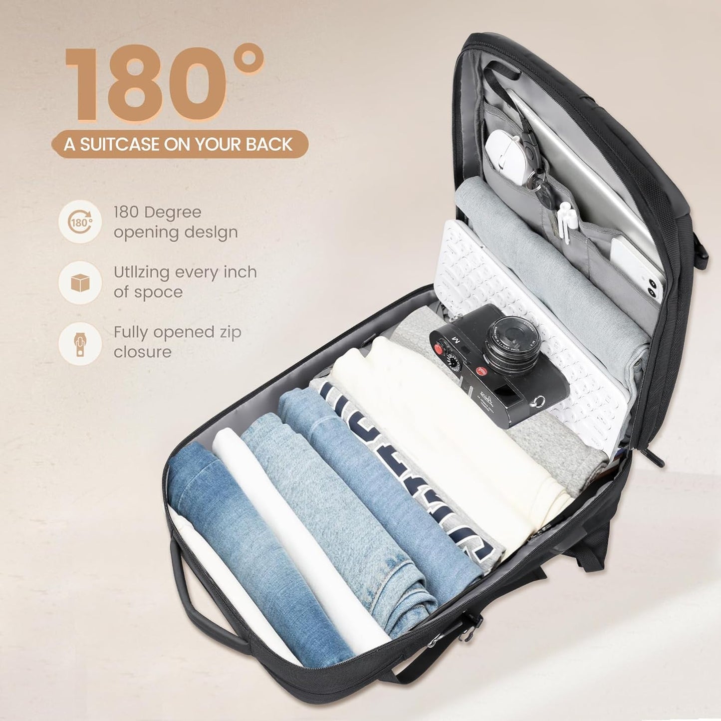 40 L expanderbar vattentät reseryggsäck med USB-port och 17-tums laptopfack – AirVoyage