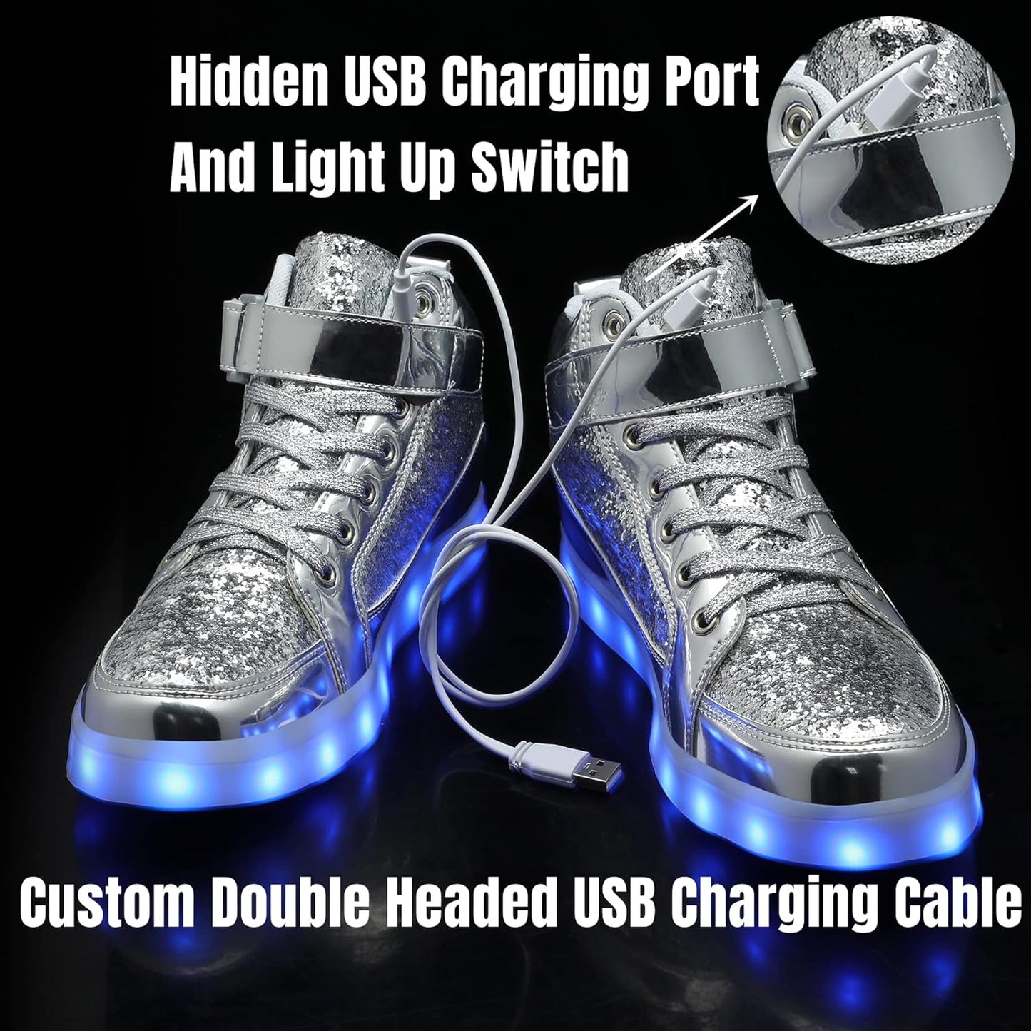 Silberne LED-Sneaker mit USB-Ladeanschluss und leuchtender Sohle, modisch und auffällig.