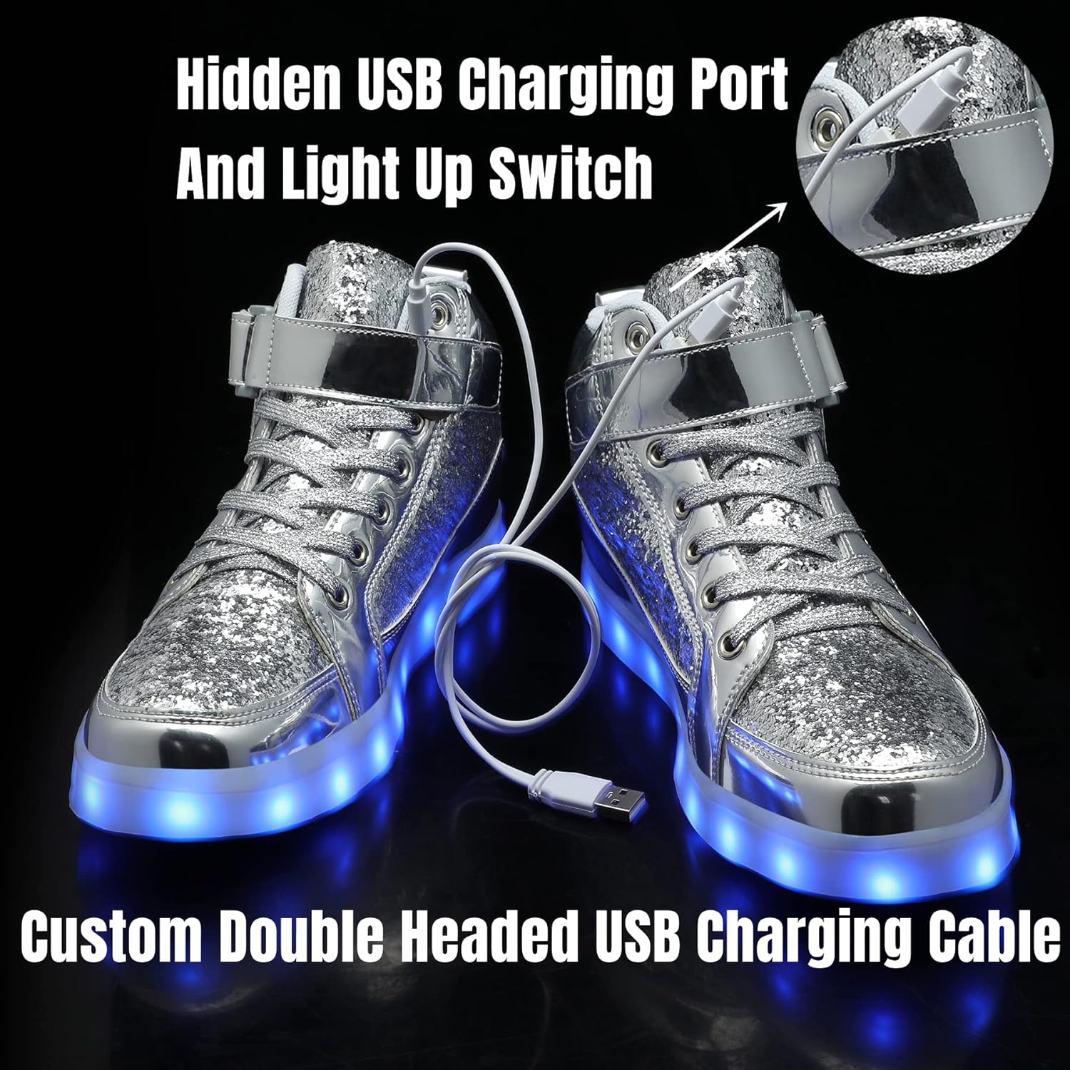 Silberne LED-Sneaker mit USB-Ladeanschluss und leuchtender Sohle, modisch und auffällig.