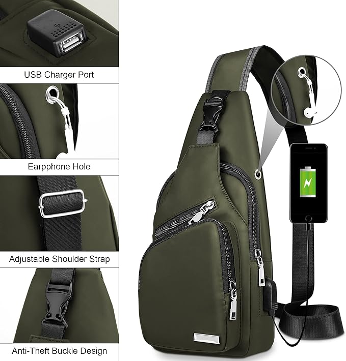 Grüne Umhängetasche mit USB-Ladeanschluss, Kopfhöreröffnung, verstellbarem Gurt, diebstahlsicher.