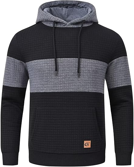 Schwarzer und grauer Herren-Kapuzenpullover, gestreift, mit Kängurutasche, Baumwolle.
