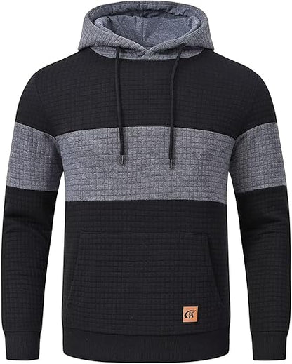 Schwarzer und grauer Herren-Kapuzenpullover, gestreift, mit Kängurutasche, Baumwolle.