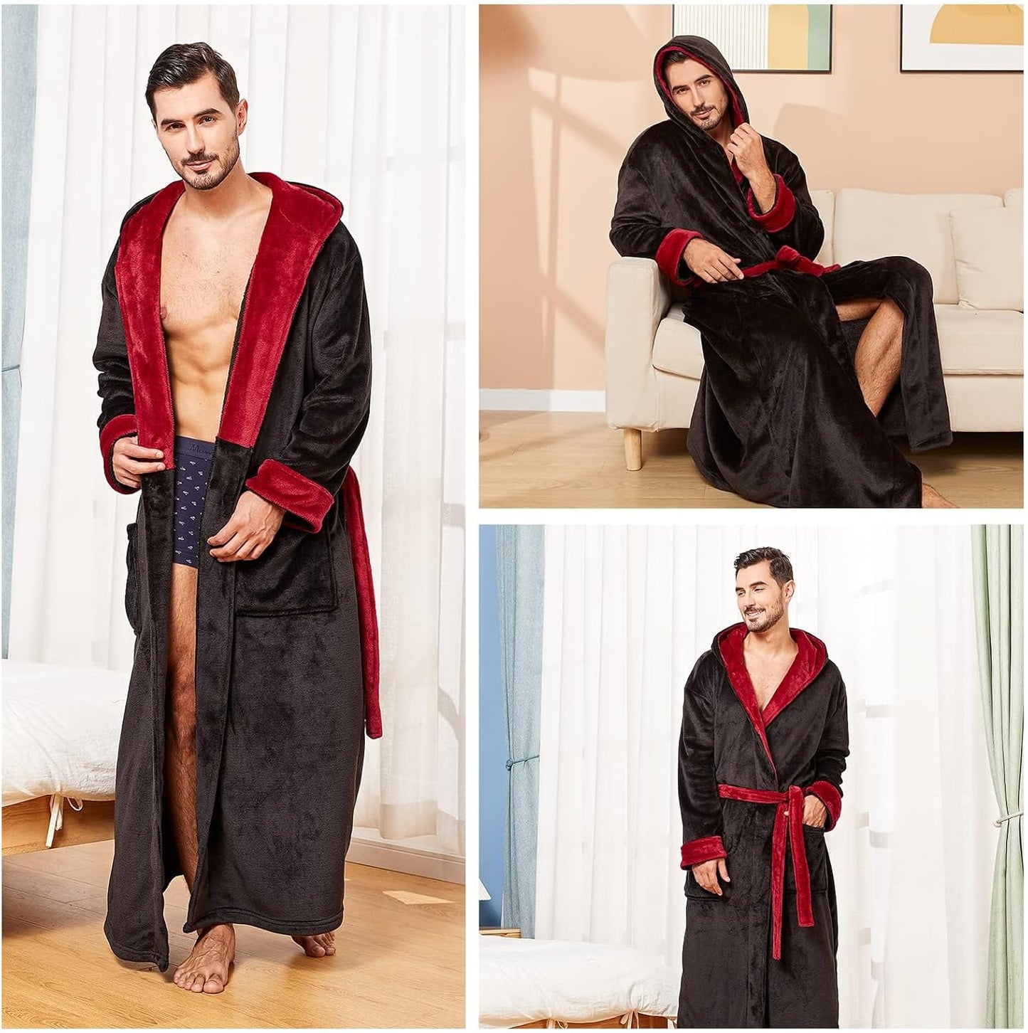 Mann im schwarzen Bademantel mit rotem Futter, weiches Fleece, gemütlich, modisch, Herrenmode.