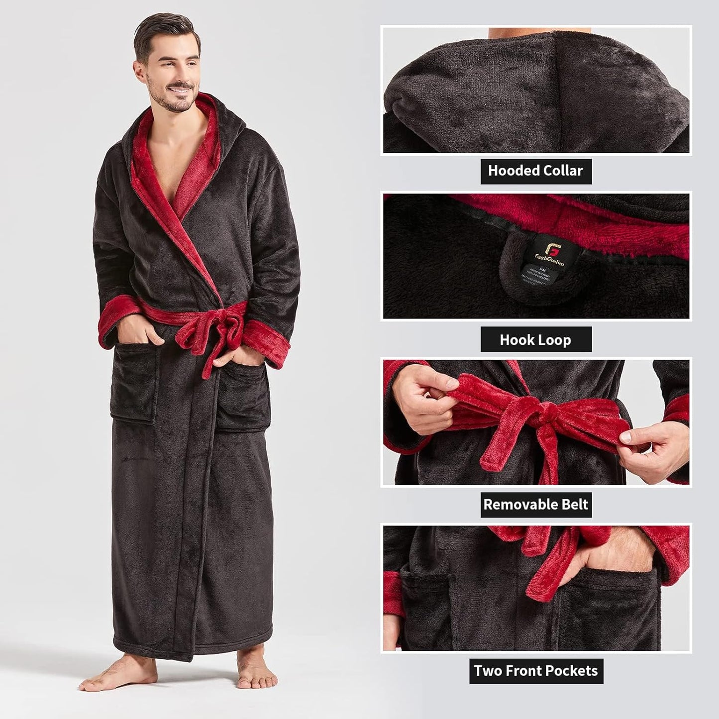 Männer Bademantel Fleece, schwarz-rot, Kapuze, abnehmbarer Gürtel, Taschen, gemütlich.