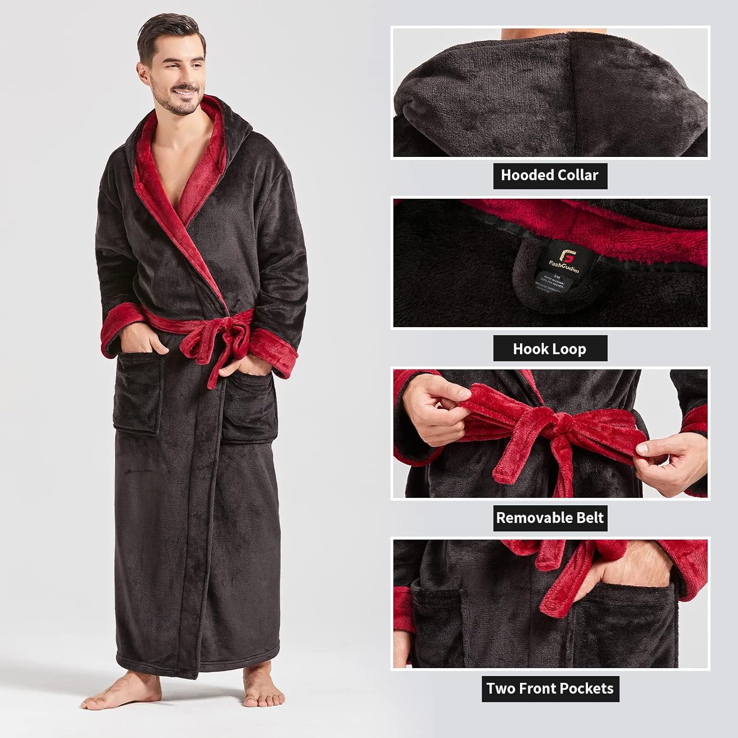 Männer Bademantel Fleece, schwarz-rot, Kapuze, abnehmbarer Gürtel, Taschen, gemütlich.