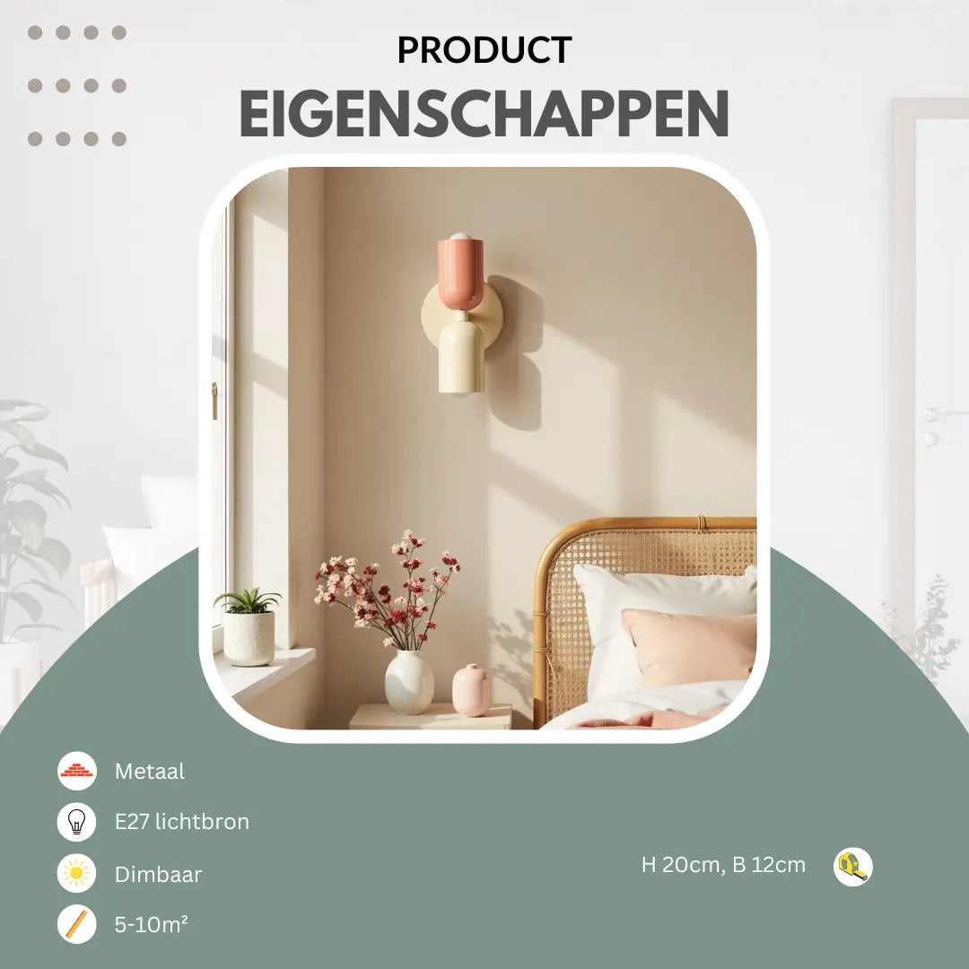 Informationsbild med vägglampa i rosa och benvitt ovanför ett sängbord i sovrum, med ikoner för egenskaper och mått. 22