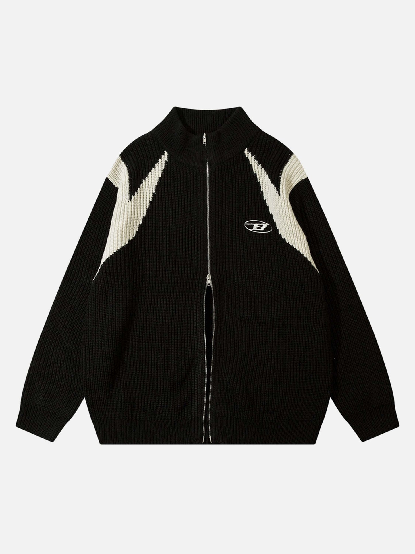 Schwarze Strickjacke mit Reißverschluss, weißen Streifen, Stehkragen, Herrenmode, Baumwolle.