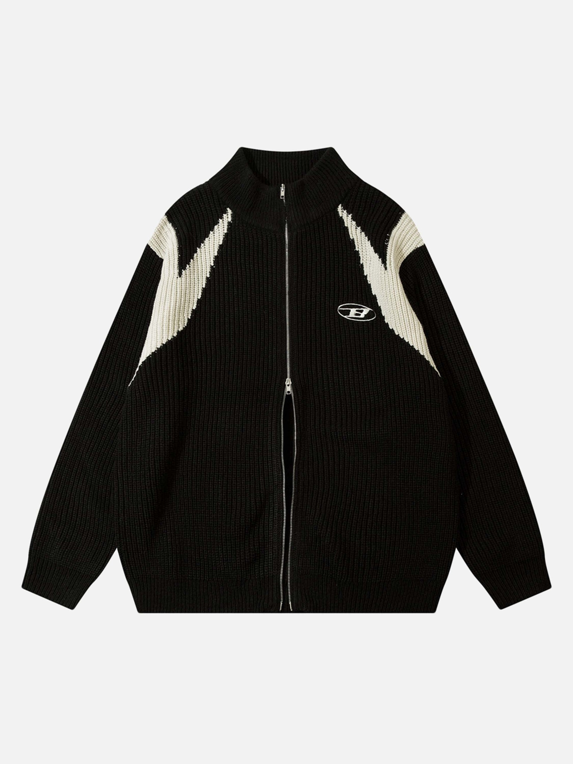 Schwarze Strickjacke mit Reißverschluss, weißen Streifen, Stehkragen, Herrenmode, Baumwolle.