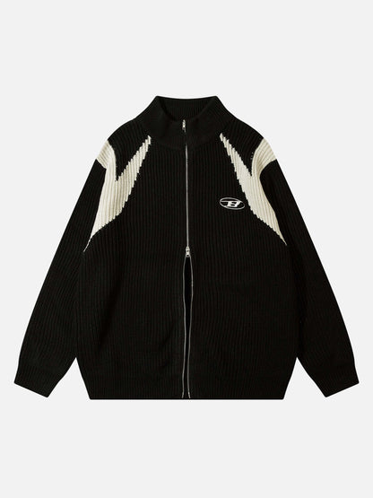 Schwarze Strickjacke mit Reißverschluss, weißen Streifen, Stehkragen, Herrenmode, Baumwolle.
