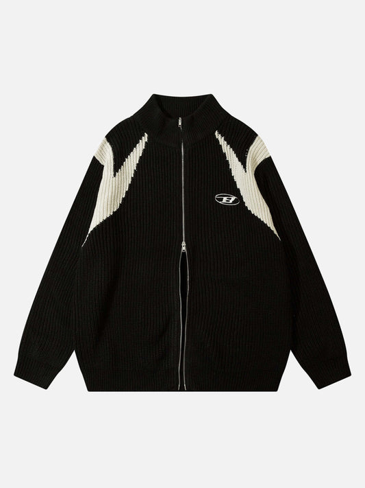 Schwarze Strickjacke mit Reißverschluss, weißen Streifen, Stehkragen, Herrenmode, Baumwolle.