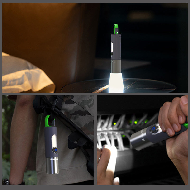 Tragbare LED-Taschenlampe, schwarz, mit grünem Haken, ideal für Outdoor und Camping.