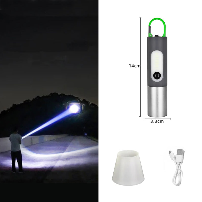 Tragbare LED-Taschenlampe, wiederaufladbar, 14cm, USB-Kabel, Nachtbeleuchtung, grau.
