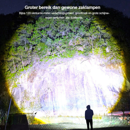 Person mit starker Taschenlampe beleuchtet große Felswand bei Nacht, Wald im Hintergrund.