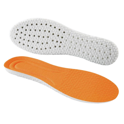 Orange und weiße Schuheinlagen, atmungsaktiv, ergonomisch, für Komfort und Unterstützung.