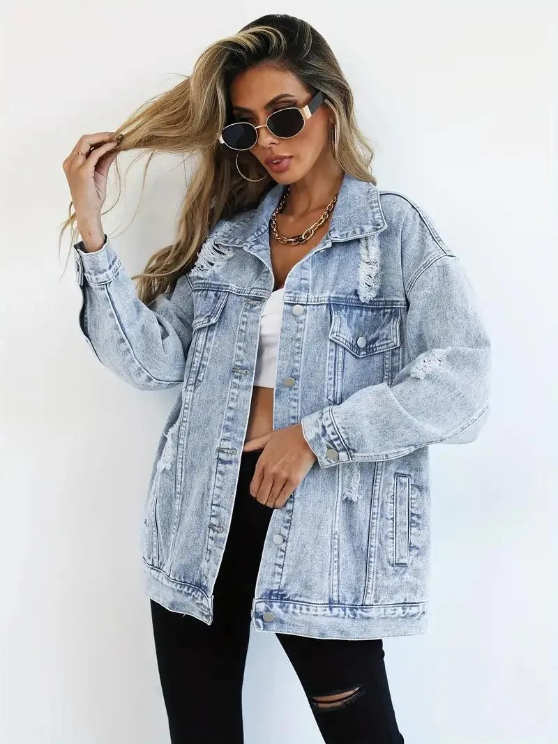 Vattentålig & Fodrad Oversized Dam Jeansjacka med Huva – Höstunderverk Talia