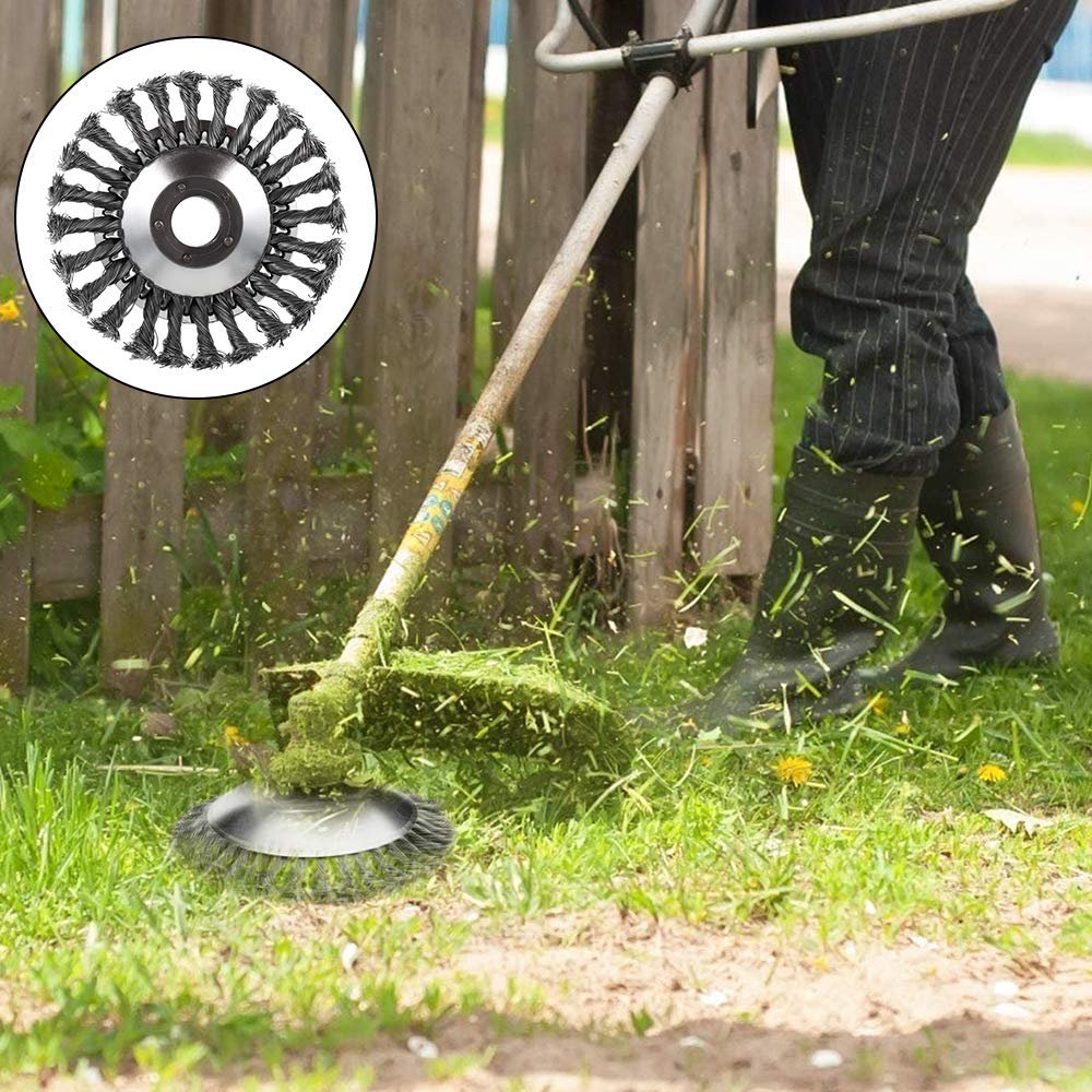 Rasentrimmer mit Drahtbürstenkopf, Unkrautentferner, Gartenwerkzeug, effizient, langlebig.