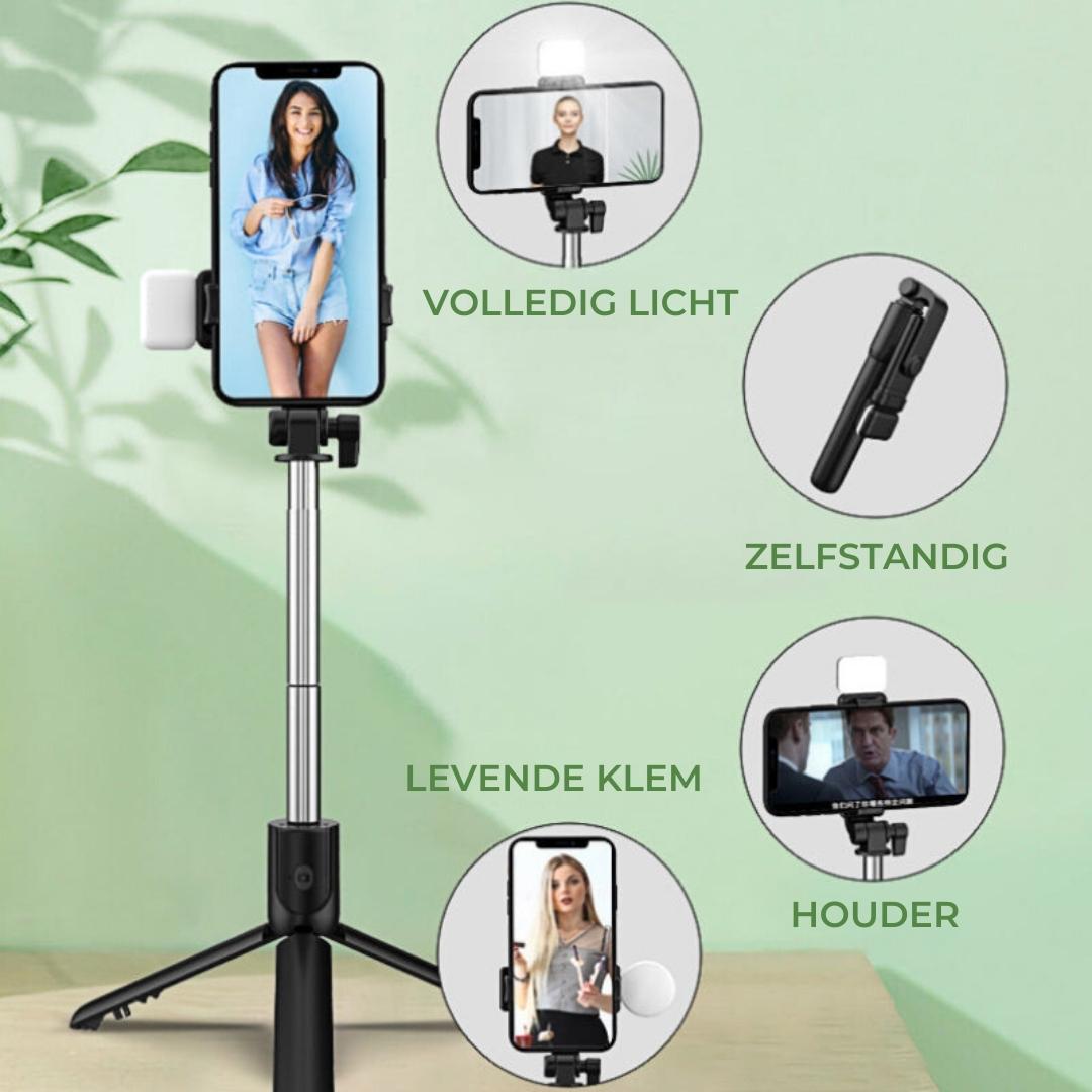 Smartphone-Stativ mit LED-Licht, verstellbarem Ständer und Halterung, ideal für Selfies und Videos.