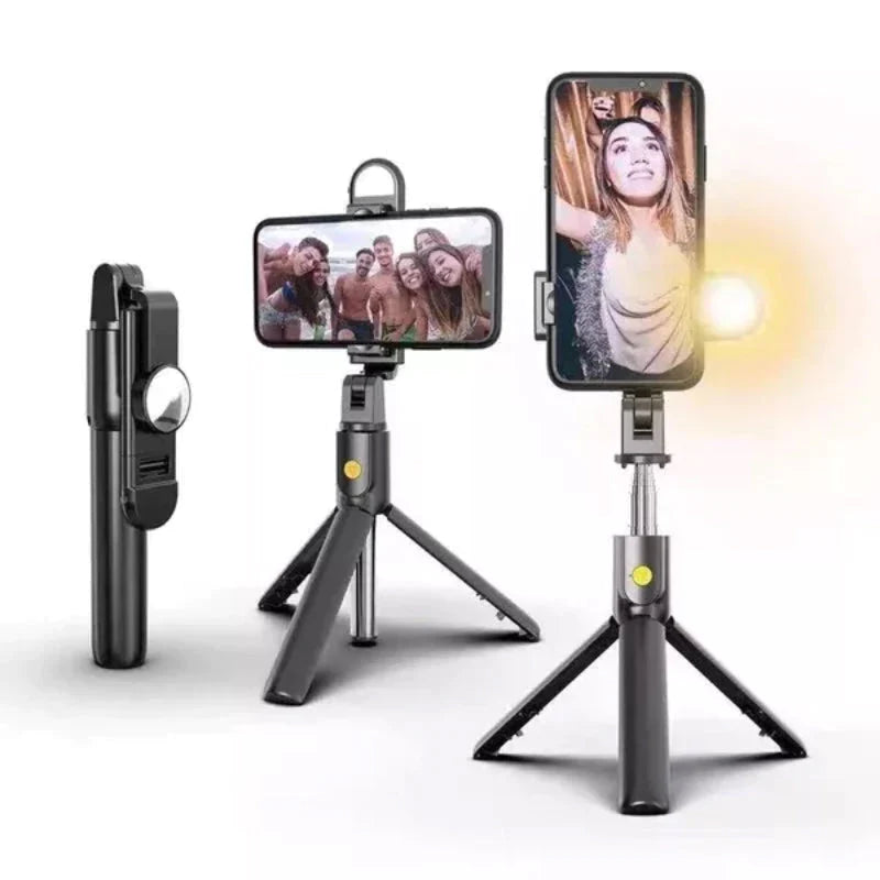 Schwarzes Selfie-Stativ mit LED-Licht, Smartphone-Halterung, tragbar, für Fotografie.