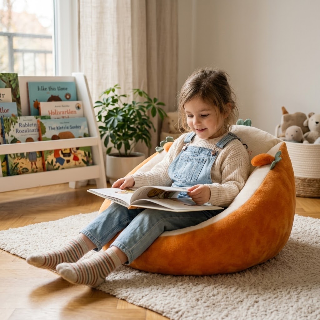 Barn i jeansoverall sitter och läser en bilderbok i den orangea morotsformade sittsäcken 4