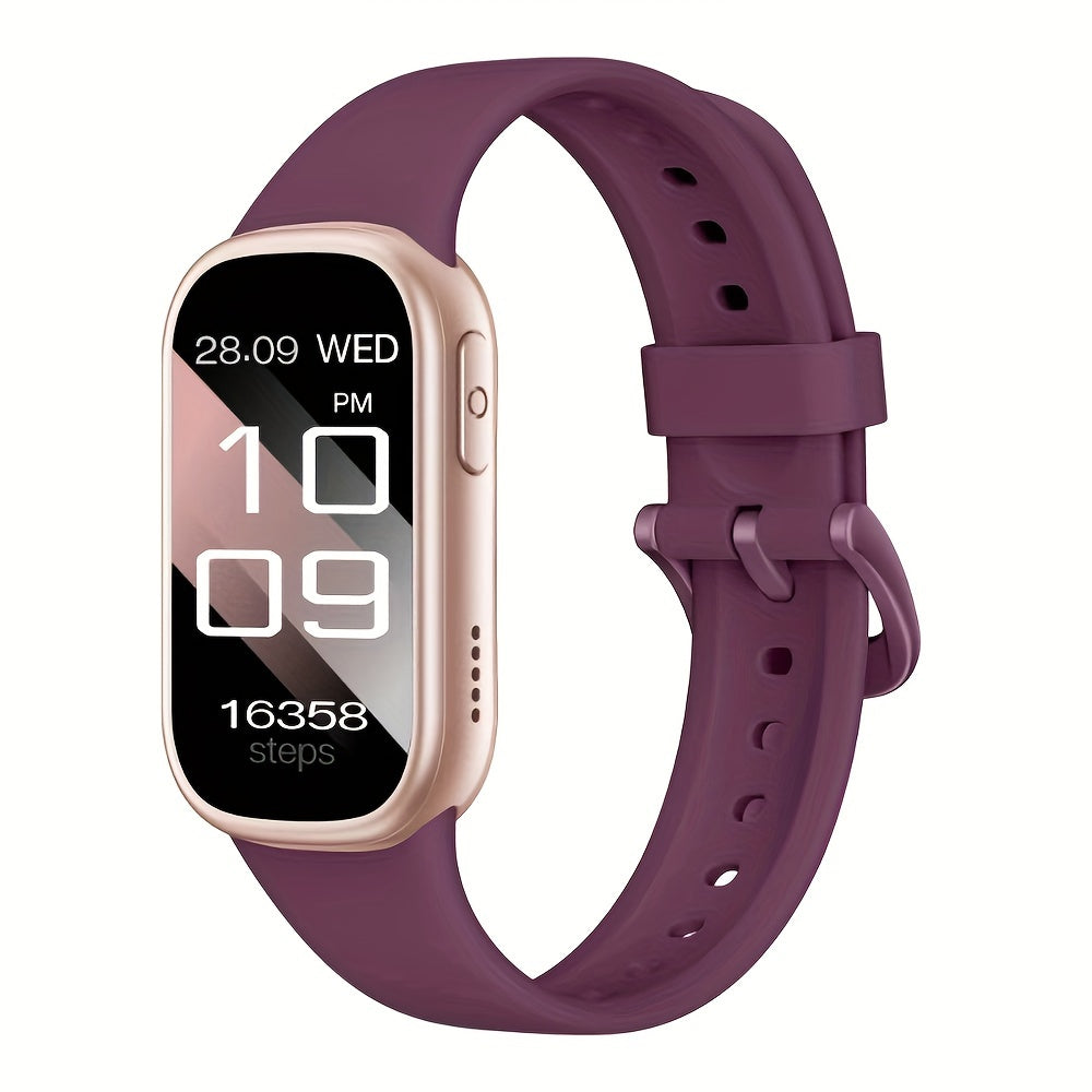 Lila Smartwatch mit Silikonarmband, Fitness-Tracker, Schrittzähler, Touchscreen, modern.