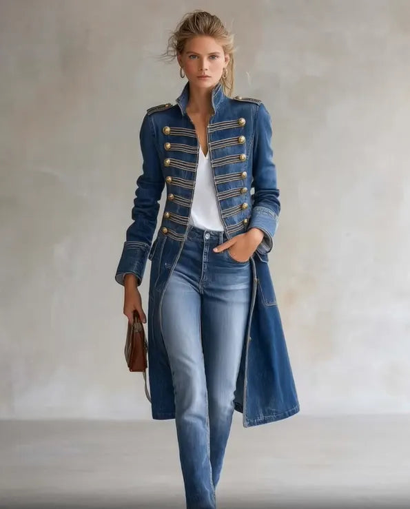 Helbild framifrån av blå denimkappa med guldknappar och epåletter, buren med jeans och brun väska mot grå vägg. 4