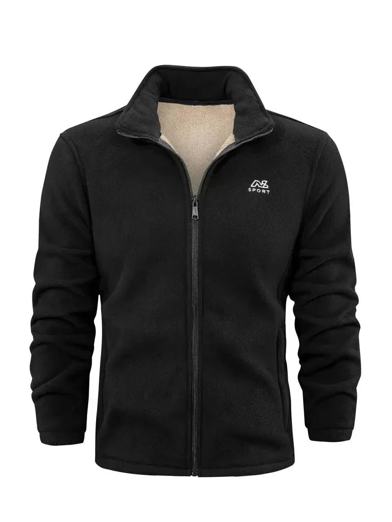 Schwarze Fleecejacke mit Reißverschluss, Herrenmode, warm, sportlich, Winterbekleidung.