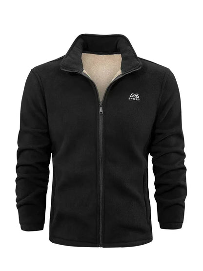Schwarze Fleecejacke mit Reißverschluss, Herrenmode, warm, sportlich, Winterbekleidung.