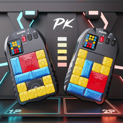 Zwei elektronische Puzzle-Spielgeräte mit bunten Blöcken, LED-Anzeigen, schwarz, für Kinder.