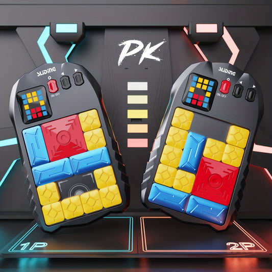 Zwei elektronische Puzzle-Spielgeräte mit bunten Blöcken, LED-Anzeigen, schwarz, für Kinder.